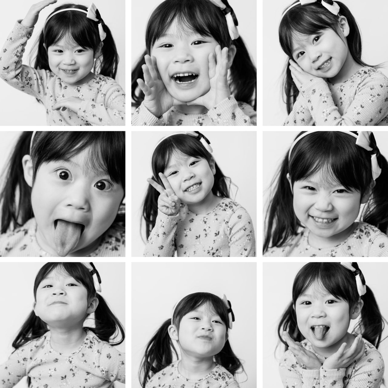 grid of black & white children's portrait photos by Paper Bunny Studios showing different aspects of a kids personality