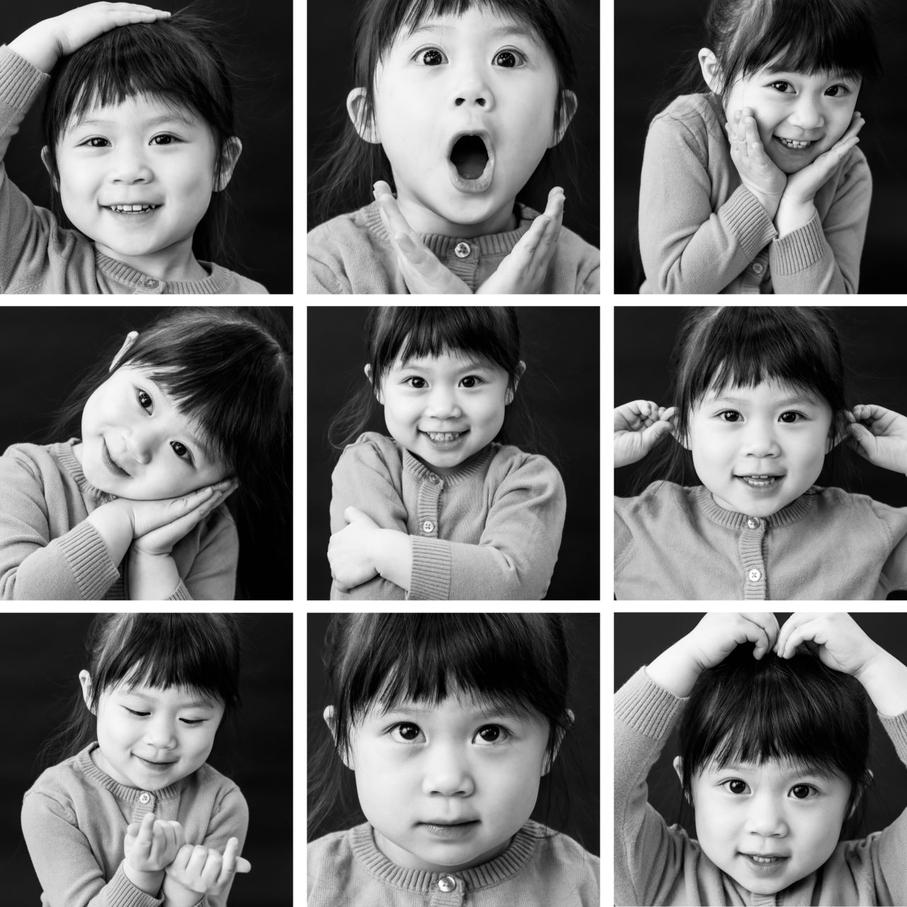 Black & White portrait photos of a young girl in a grid by Paper Bunny Studios