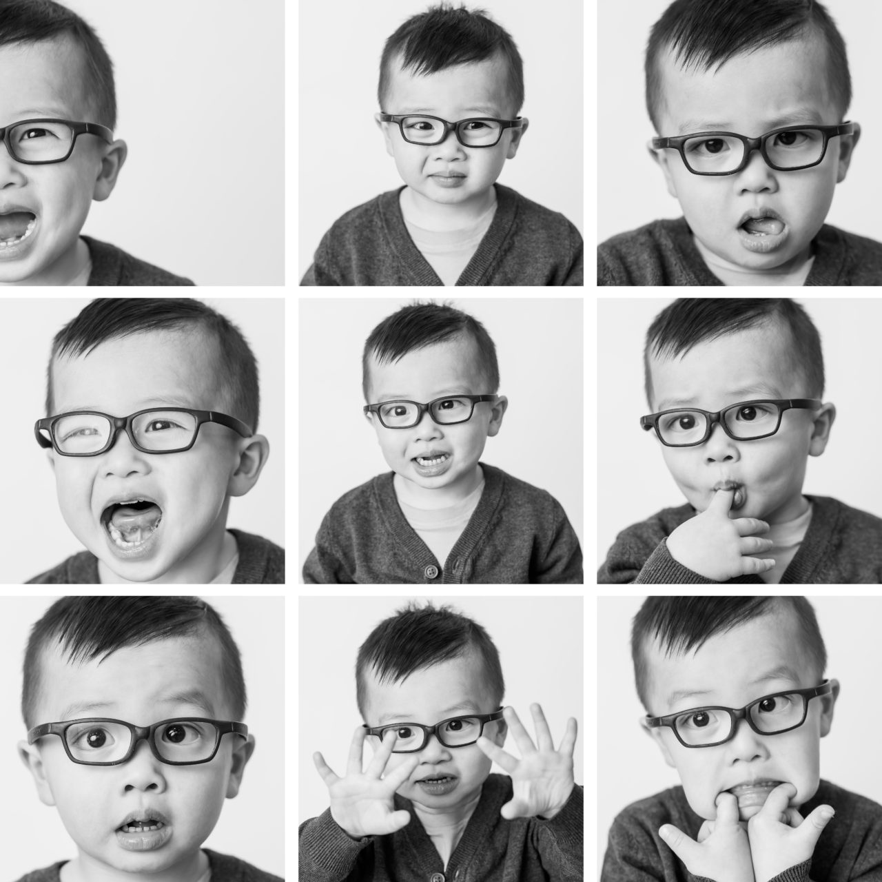 Toddler boy black & white portrait photo grid on a white background by Paper Bunny Studios Edmonton
