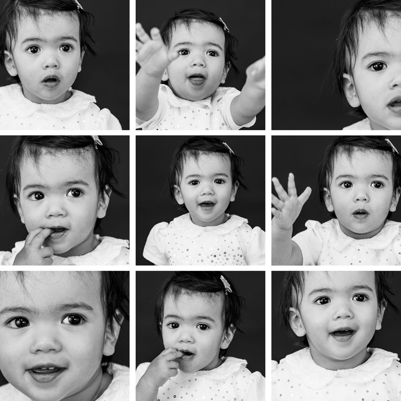 Black & White portrait photos of a baby girl arranged in a grid to showcase her expressions by Paper Bunny Studios