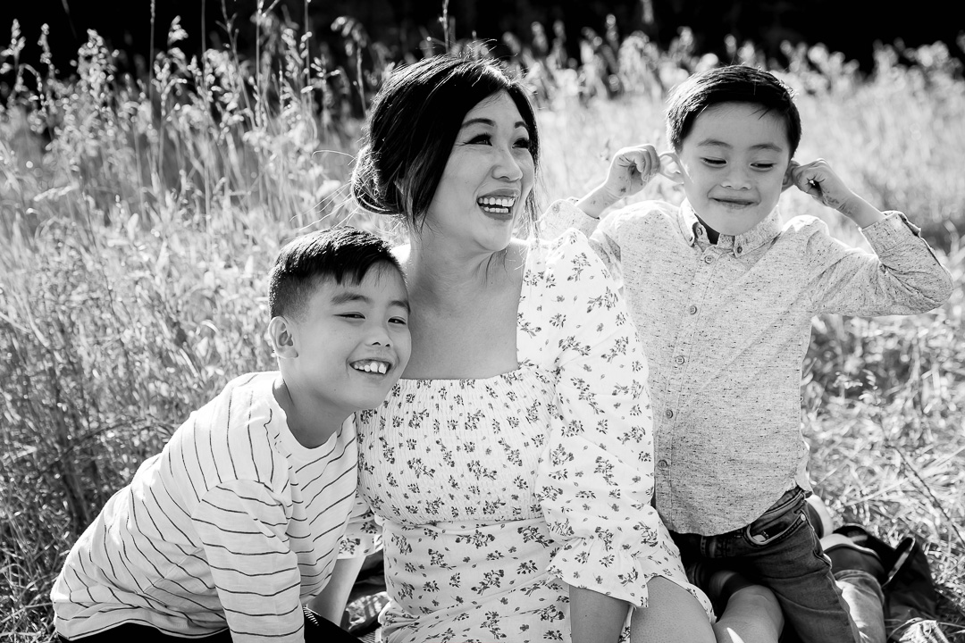 Black & white Fall family photos - mom & boys in Edmonton by Paper Bunny Studios