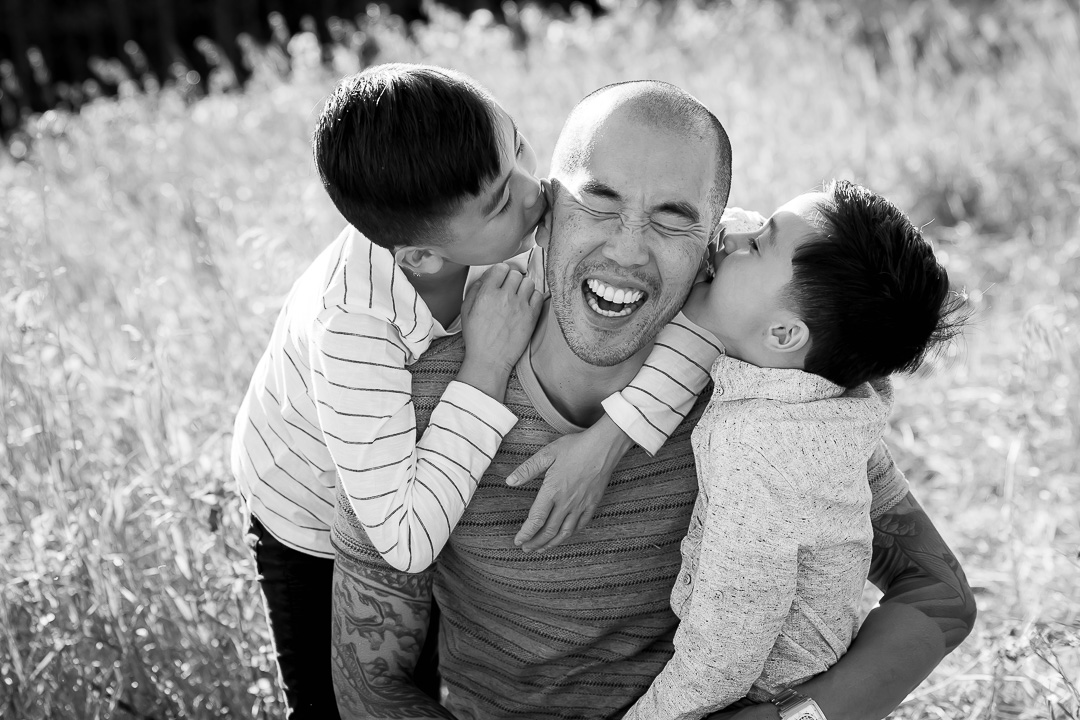 Black & white Fall family photos - dad & boys in Edmonton by Paper Bunny Studios
