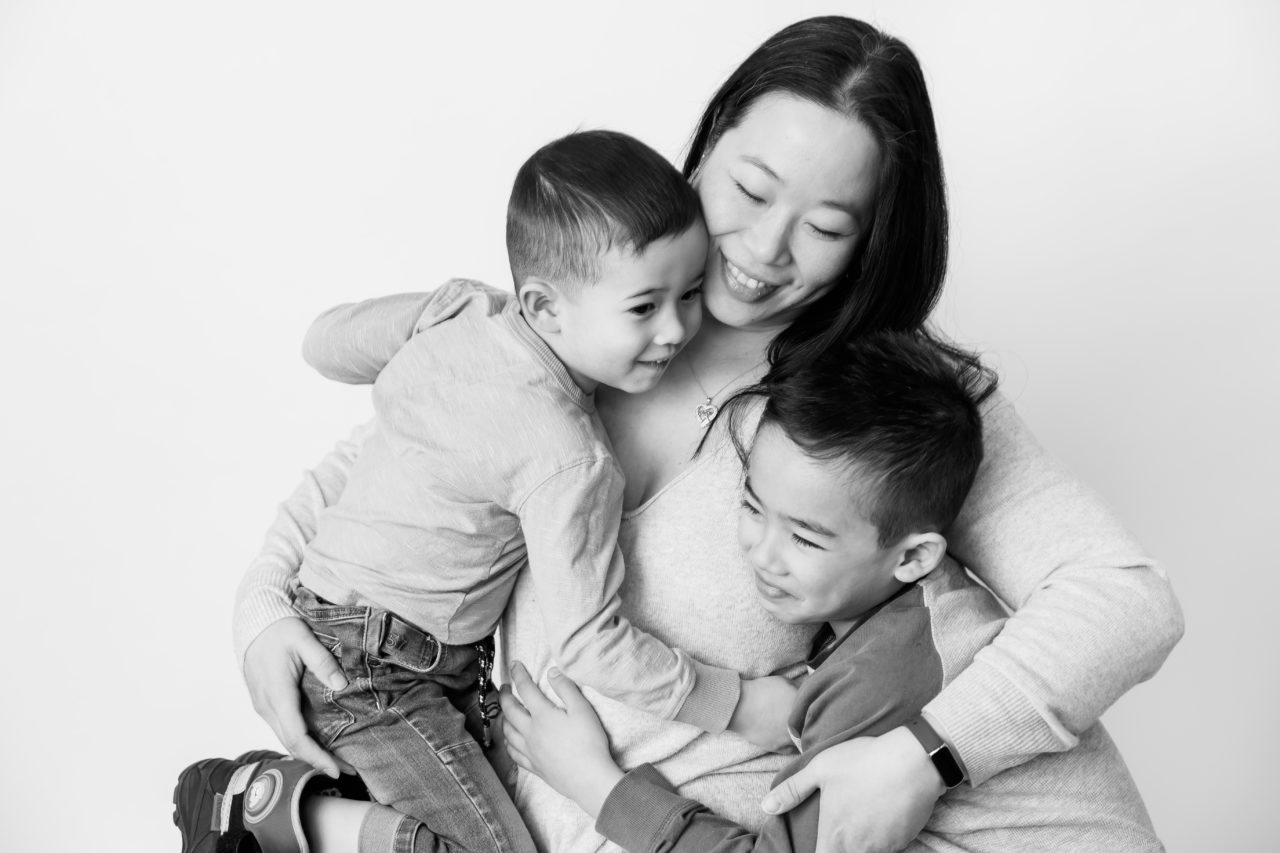 Black & white mothers day portrait of mom & 2 sons by Paper Bunny Studios, Edmonton