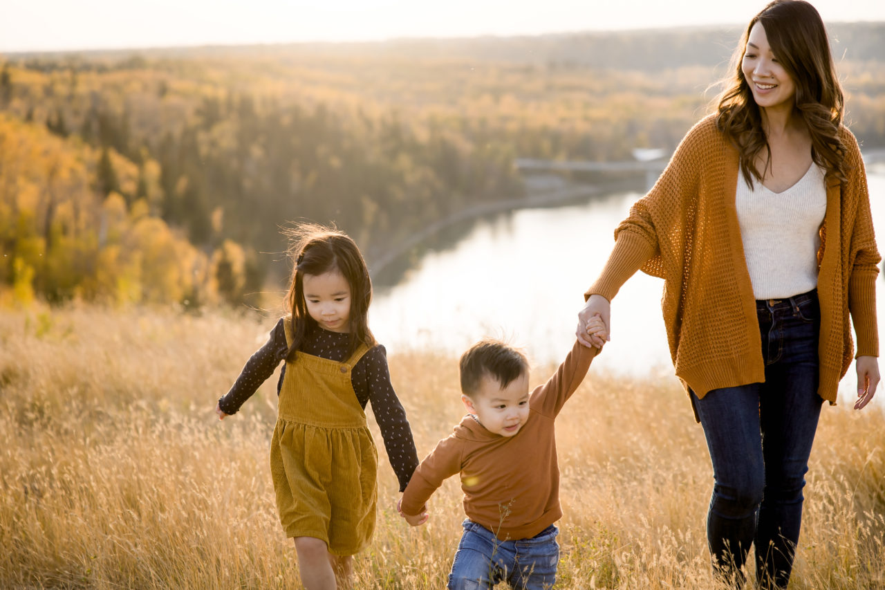 Edmonton outdoor Fall family photojournalism - Mom & kids walking - by Paper Bunny Studios