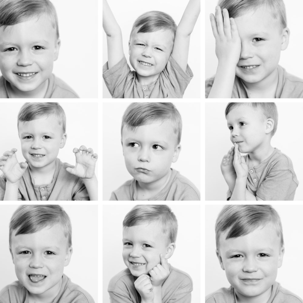 Black & white kids portraits arranged in 3x3 grid by Paper Bunny Studios Edmonton