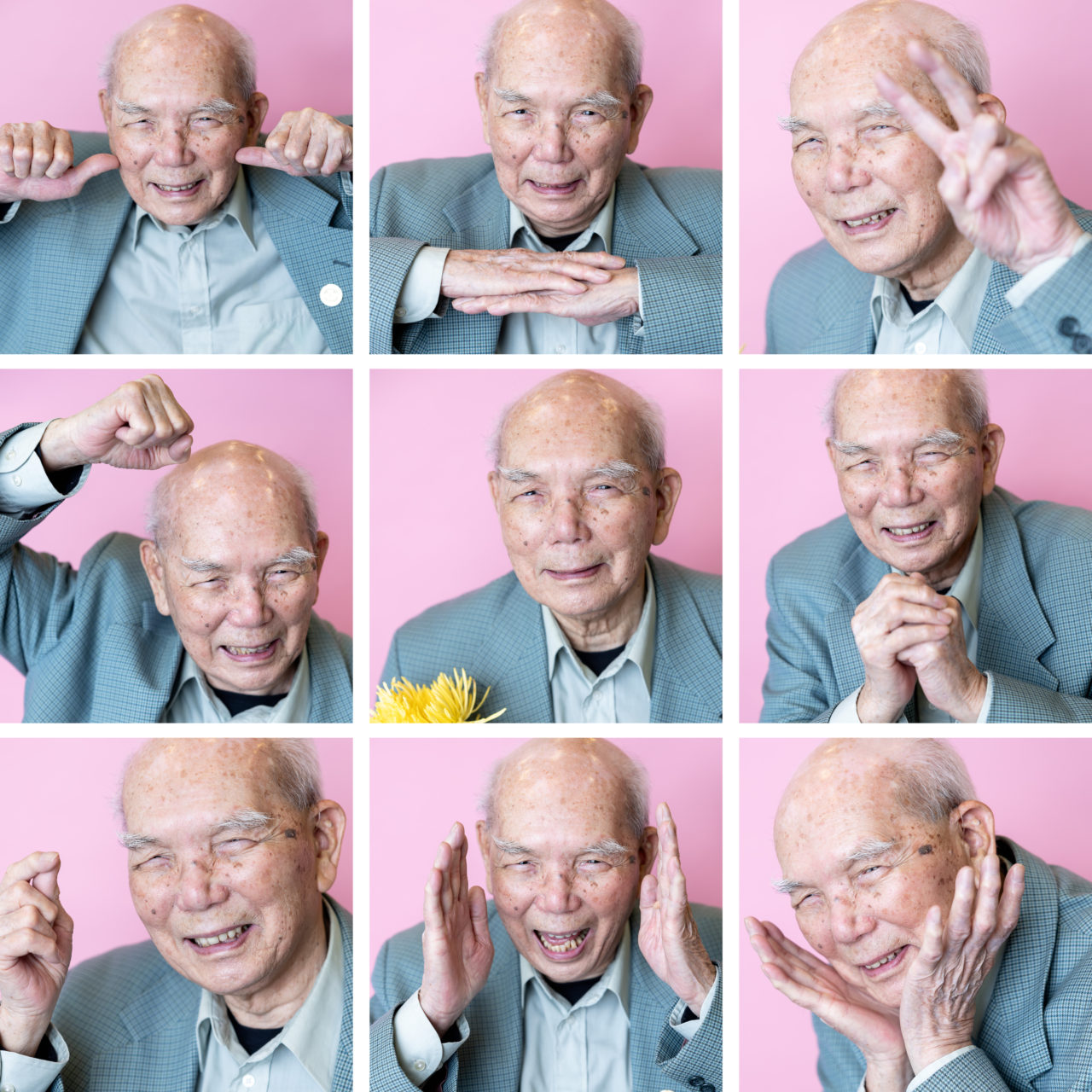 Photo grid of vibrant photos of a great grandpa against a pink background by Paper Bunny Studios