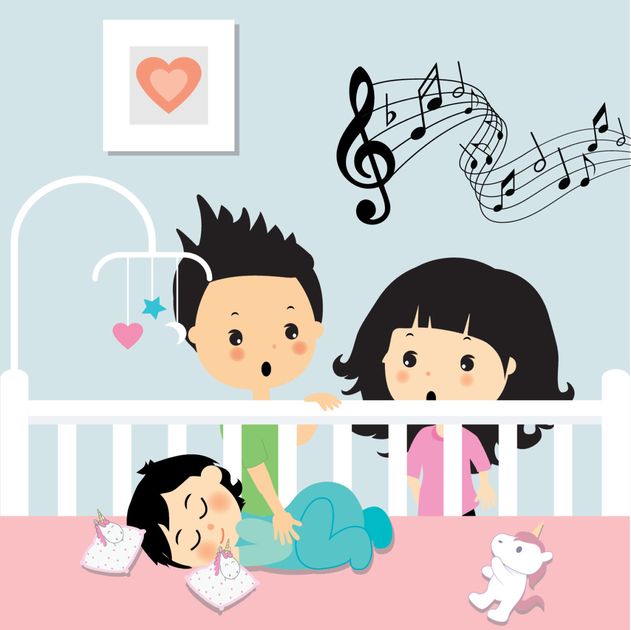 Custom illustration of parents singing newborn baby to sleep by Paper Bunny Studios