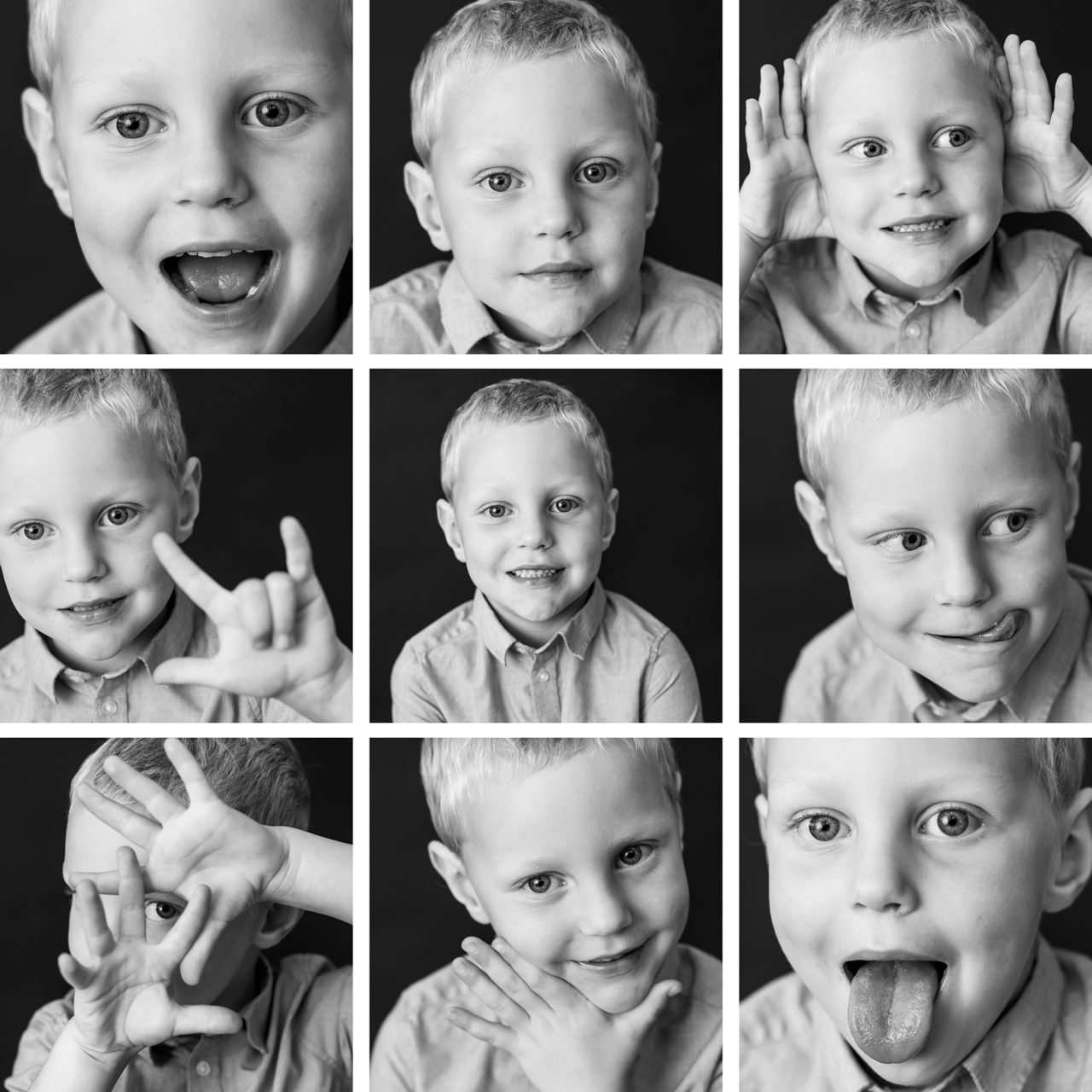Black & White mini session photos of a young boy arranged in a grid to showcase his personality by Paper Bunny Studios
