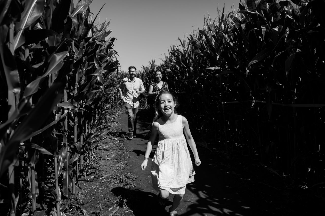 Edmonton corn maze family photography by Paper Bunny Studios - daughter on the run