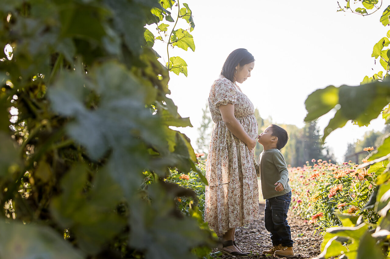 Outdoor fall family maternity photo session of little boy kissing bump by Edmonton family photographer Paper Bunny Studios