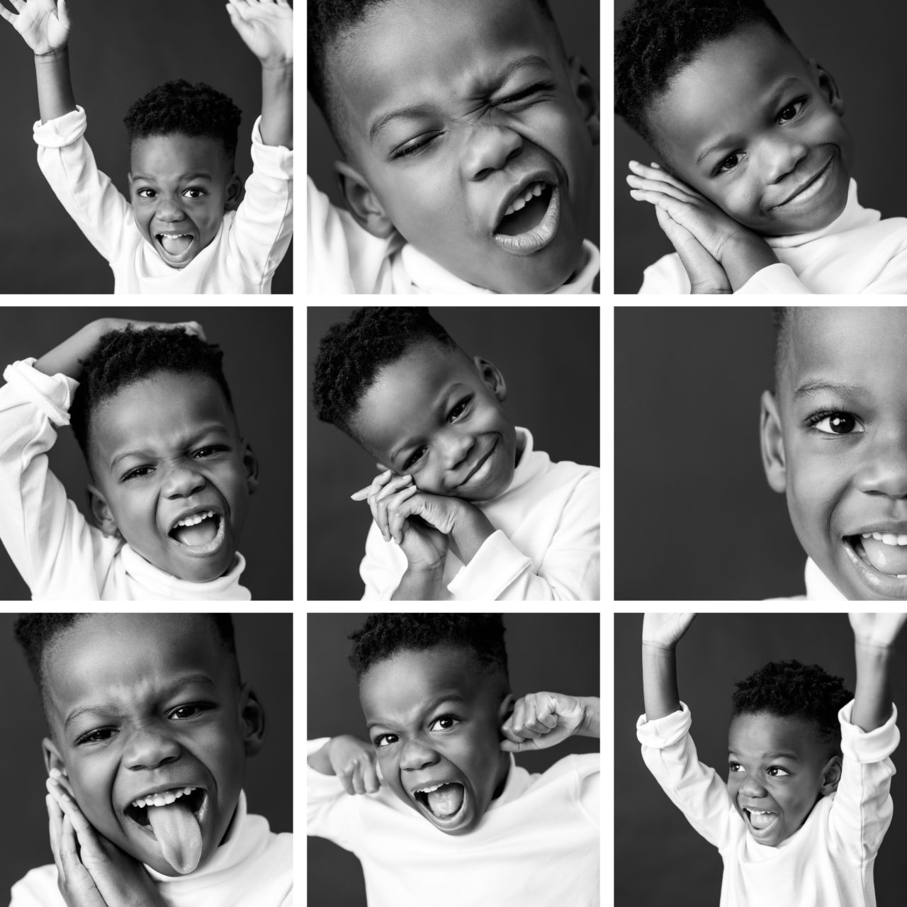 Black & White photo grid of portrait photos of a young boy showing range of emotions & expressions by Paper Bunny Studios