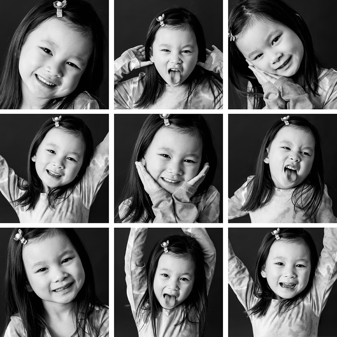 3x3 black & white portrait grid of a little girl by Paper bunny Studios, Edmonton