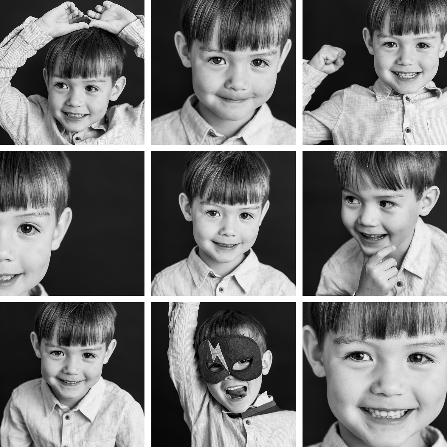 Edmonton family photographer curated kid's grid of black & white kid's portrait photos
